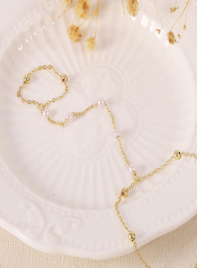 BAYLAY Hand Chain Bracelet, Ring Bracelet Hand Chain 14K Gold Plated Pearl Finger Ring Slave Bracelets Dainty Gold Bracelet for Women Hands Jewelry for Women Summer Essentials Boho Beach Gifts - Image 5
